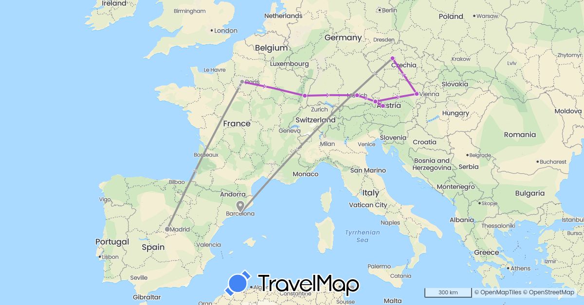 TravelMap itinerary: driving, plane, train in Austria, Czech Republic, Germany, Spain, France (Europe)